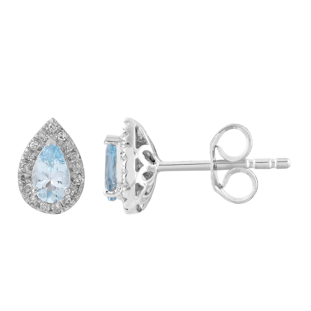 Aquamarine Stud Earrings with 0.10ct Diamonds in 9K White Gold - Penelope Kate