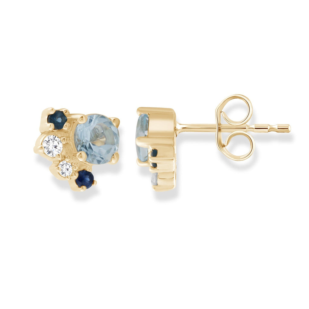 Diamond and Aquamarine Stud Earrings with 0.08ct Diamonds in 9K Yellow Gold - Penelope Kate