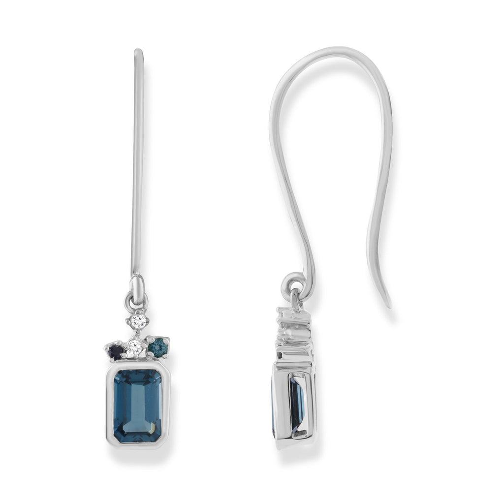 Diamond and Blue Topaz Hook Earrings with 0.05ct Diamonds in 9K White Gold - Penelope Kate