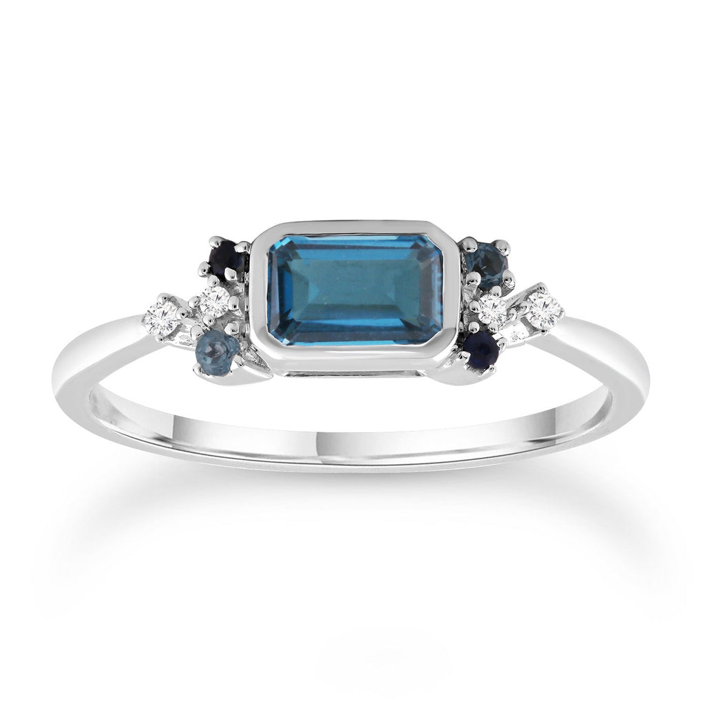 Diamond and Blue Topaz Ring with 0.05ct Diamonds in 9K White Gold - Penelope Kate