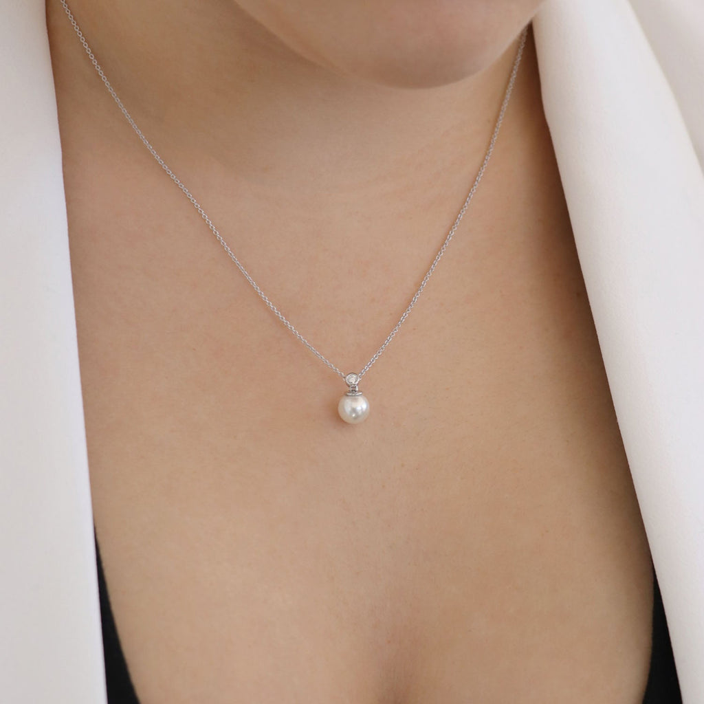 Diamond Pearl Necklace with 0.03ct Diamonds in 9K White Gold - N-20565-003-W - Penelope Kate