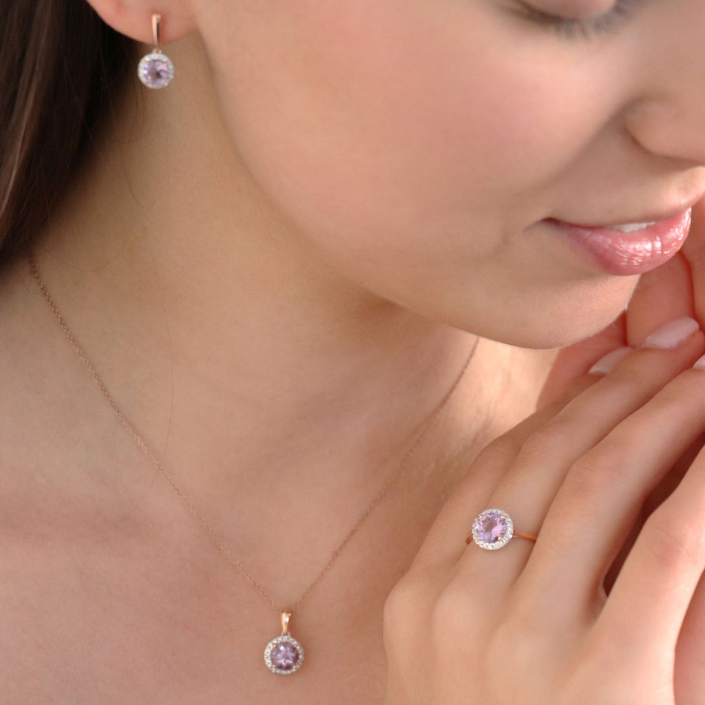 Diamond Pink Amethyst Earrings with 0.12ct Diamonds in 9K Rose Gold - E-16436PI-012-R - Penelope Kate