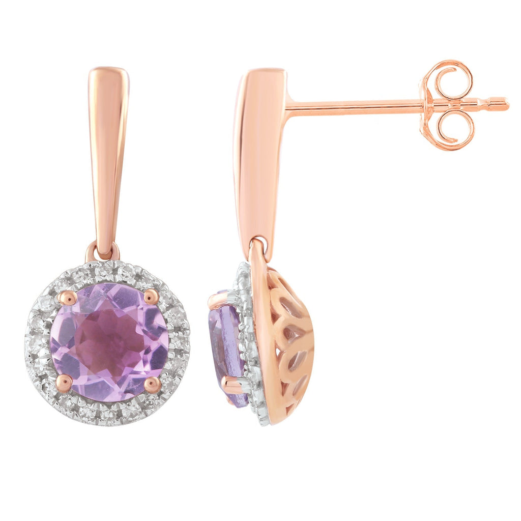 Diamond Pink Amethyst Earrings with 0.12ct Diamonds in 9K Rose Gold - E-16436PI-012-R - Penelope Kate