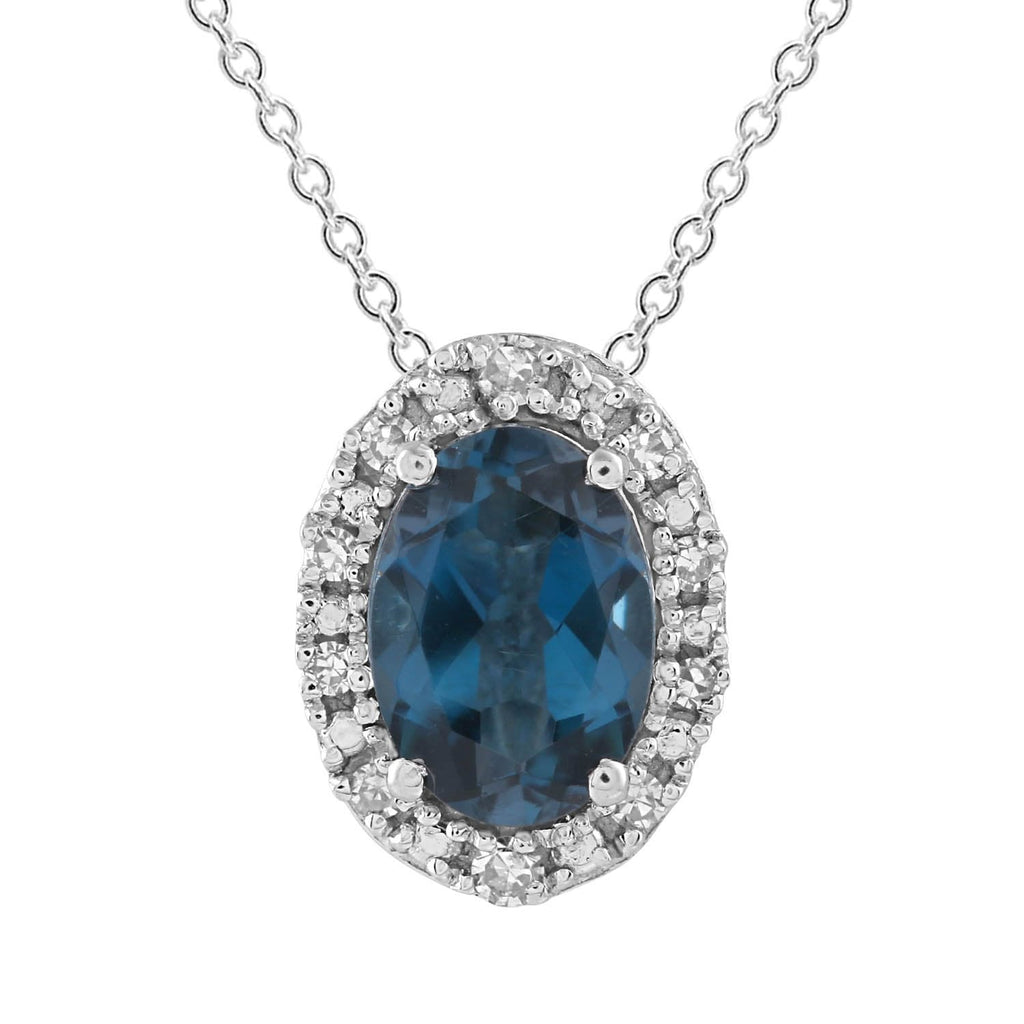 London Blue Topaz Necklace with 0.05ct Diamonds in 9K White Gold - Penelope Kate