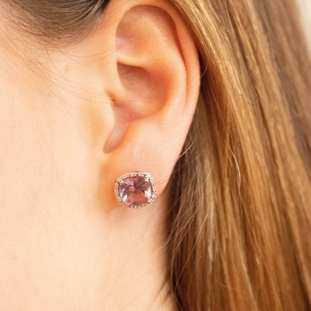 Pink Amethyst Earrings with 0.10ct Diamonds in 9K Rose Gold - Penelope Kate